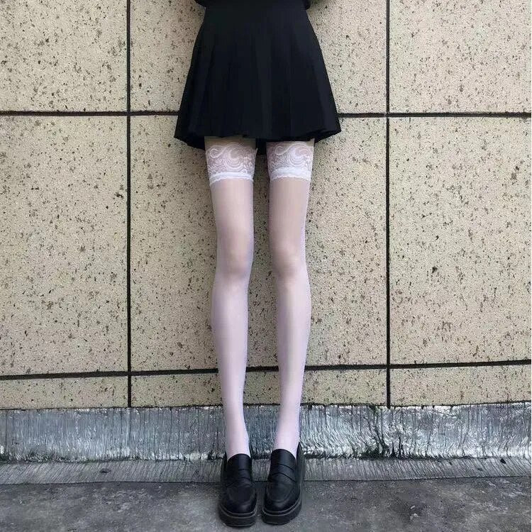 JK Costumes Women Sexy Thigh High Fishnet Stockings Lolita Girls Gothic Punk Transparent Over Knee Red Wide Edge Long High Socks