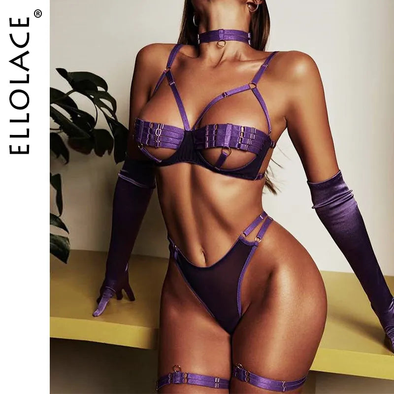 Ellolace Sexy Lingerie Naked Women Without Censorship 5-Piece Sexy Costume Hollow Underwear Uncensored Sensual Open Bra Outfits