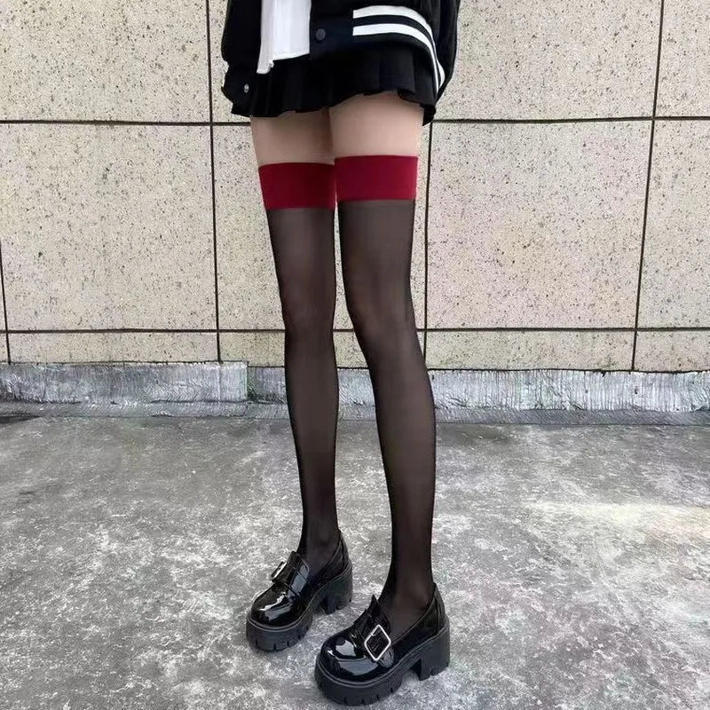 JK Costumes Women Sexy Thigh High Fishnet Stockings Lolita Girls Gothic Punk Transparent Over Knee Red Wide Edge Long High Socks
