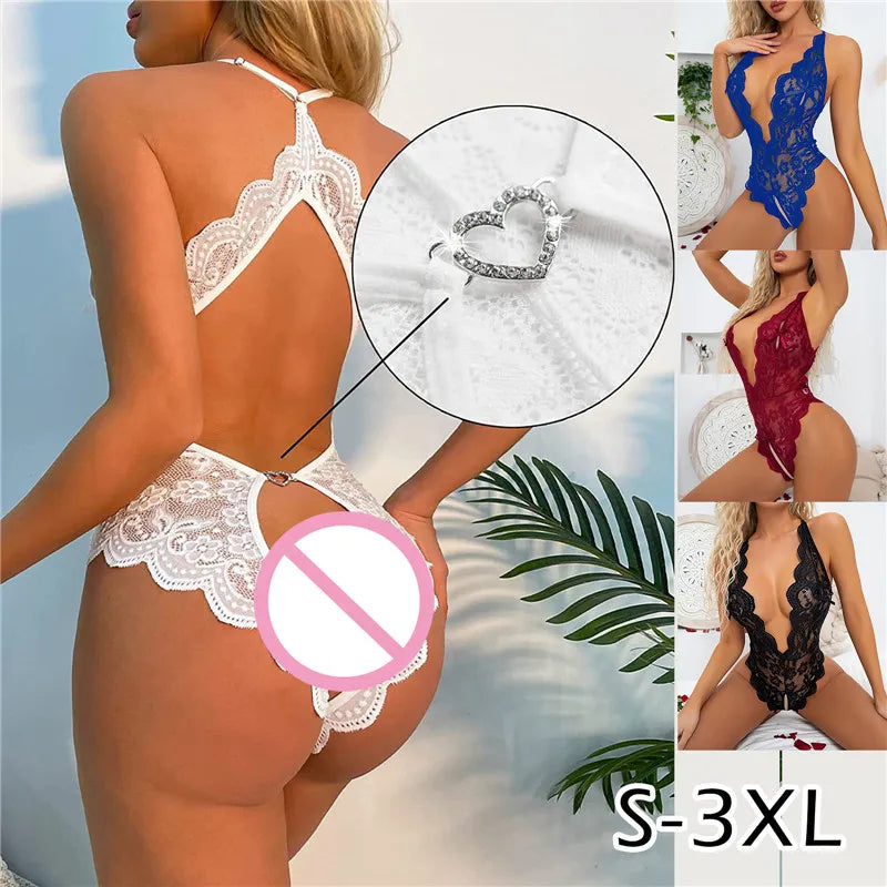 Sexy Crotchless Blue Lingerie Women Lace Hollow Bra Set Erotic Costumes Teddy BabyDoll Deep V Open Bra Underwear Set Plus Size