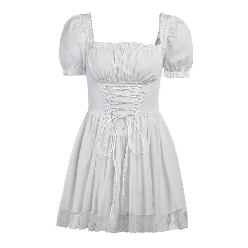 Mall Goth Bandage Harajuku White Lolita Kwaii Dresses Black Women Sexy Mini Dress Gothic Lace Puff Sleeves Bodycon Partywear